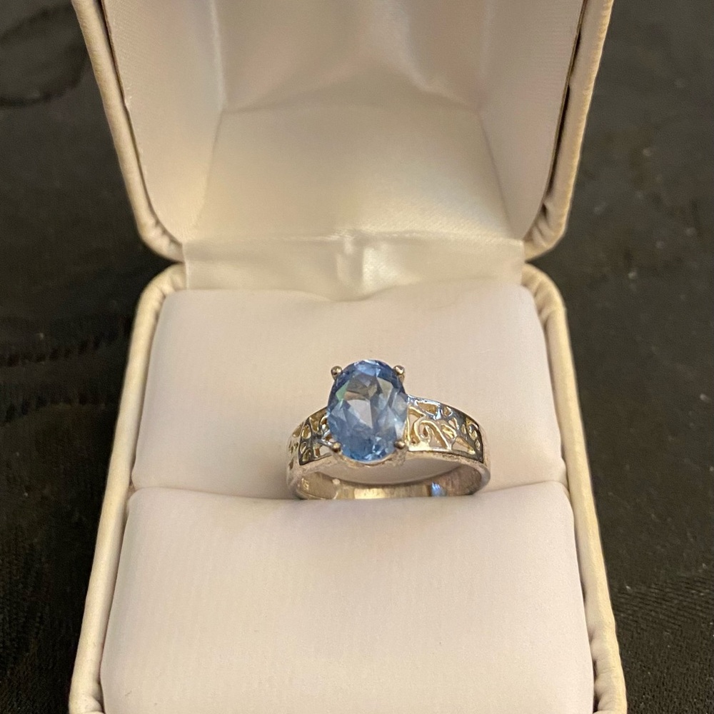 Elegant Blue Topaz Gemstone Sterling Silver Filigree Design Ring Size 7
